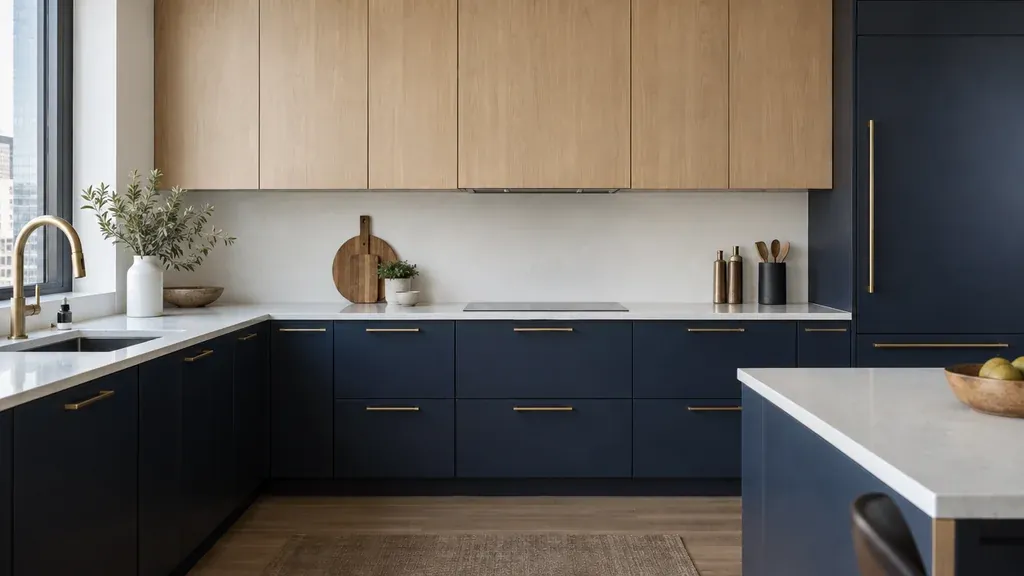 Newly installed modern condo kitchen with navy lower cabinets and oak uppers