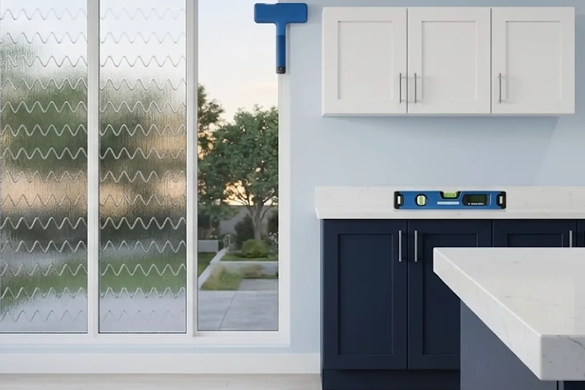 Hard surface countertop on navy cabinets, checked with a level